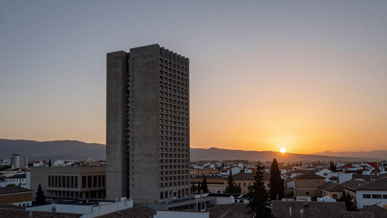 Granada Spain Dusk View of Brutalist Concrete University Tower and Alhambra Silhouette in in Granada, Spain