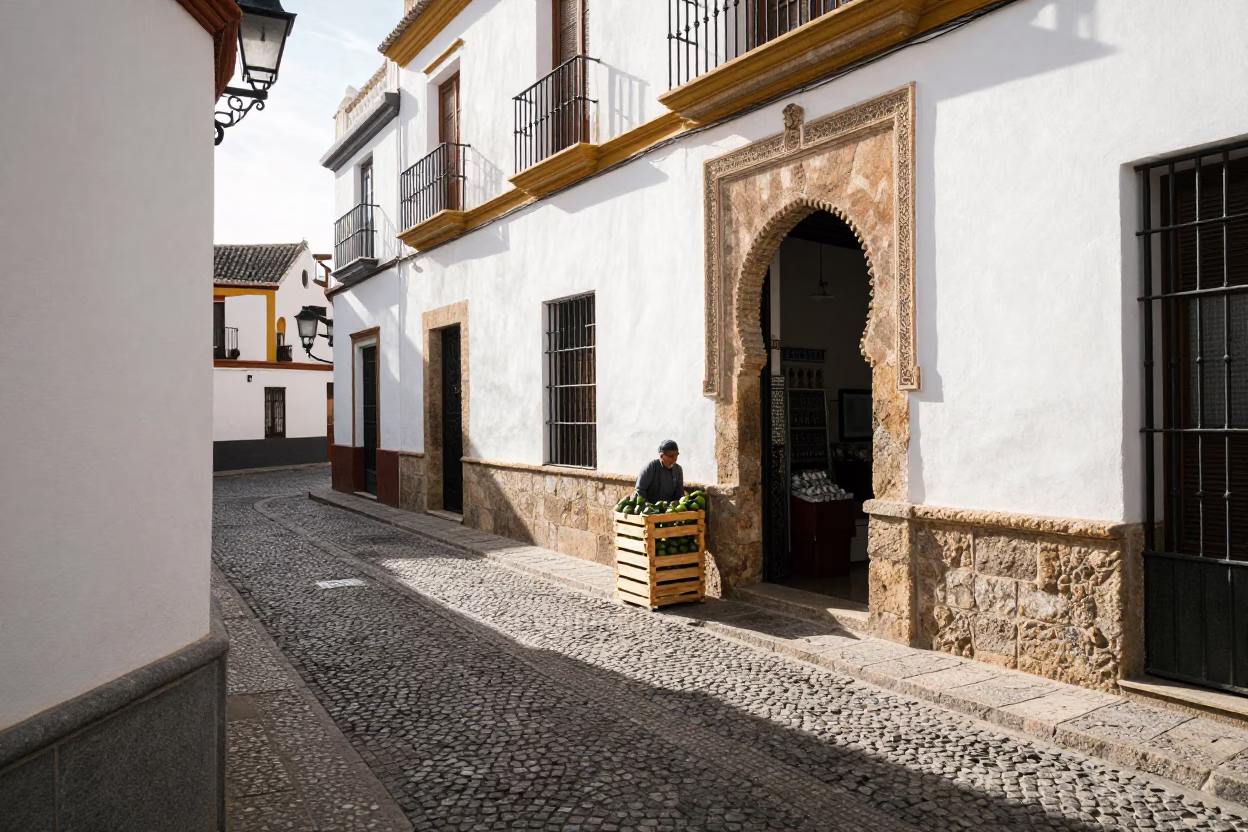 Granada Spain Early Afternoon Street Scene with Avocados and Stone Architecture in in Granada, Spain