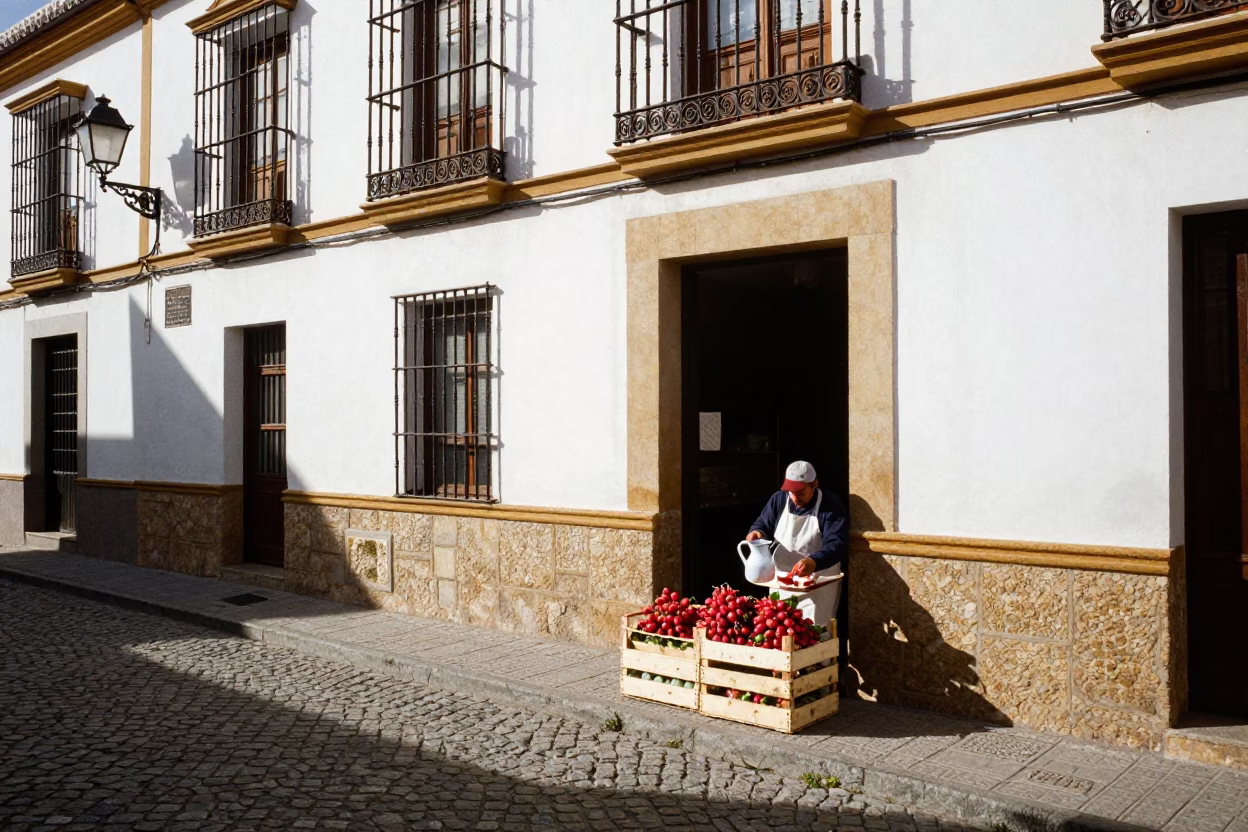 Granada Spain Early Afternoon Street Scene with Enamel Pitcher and Local Market Atmosphere in in Granada, Spain