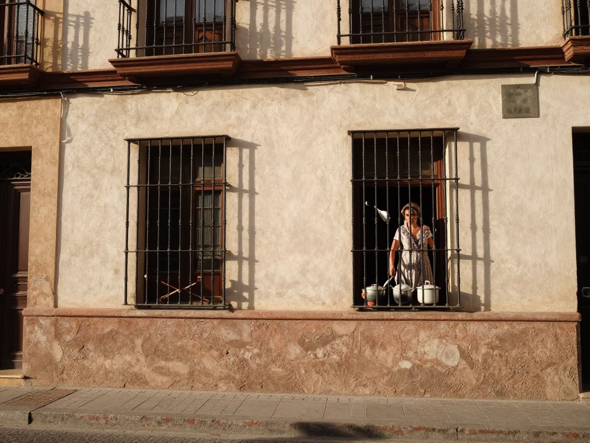 Granada Spain Early Afternoon Street Scene with Ladle and Saucepan on Balcony in in Granada, Spain