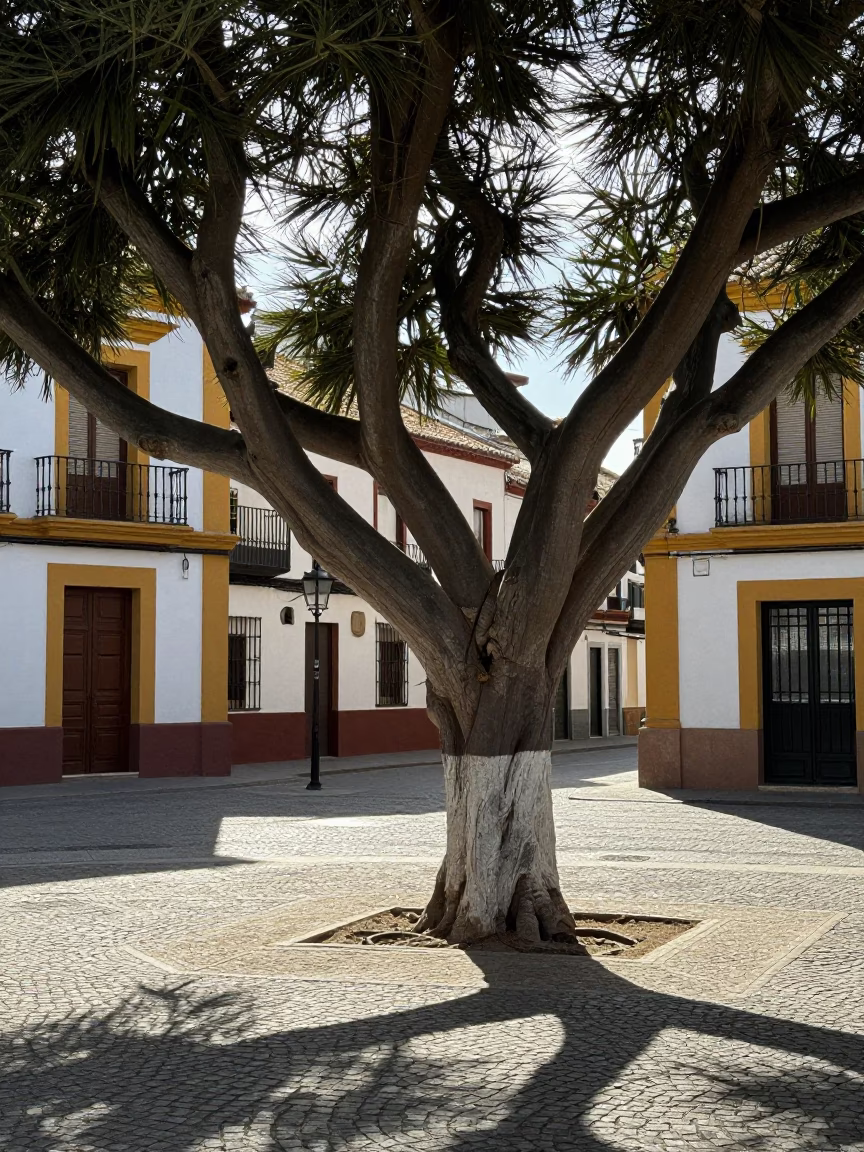 Granada Spain Early Afternoon Street Scene with Monkey Puzzle Tree and Local Cafe Atmosphere in in Granada, Spain