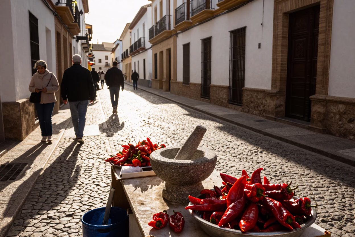 Granada Spain Early Afternoon Street Scene with Mortar Pestle and Local Interaction in in Granada, Spain