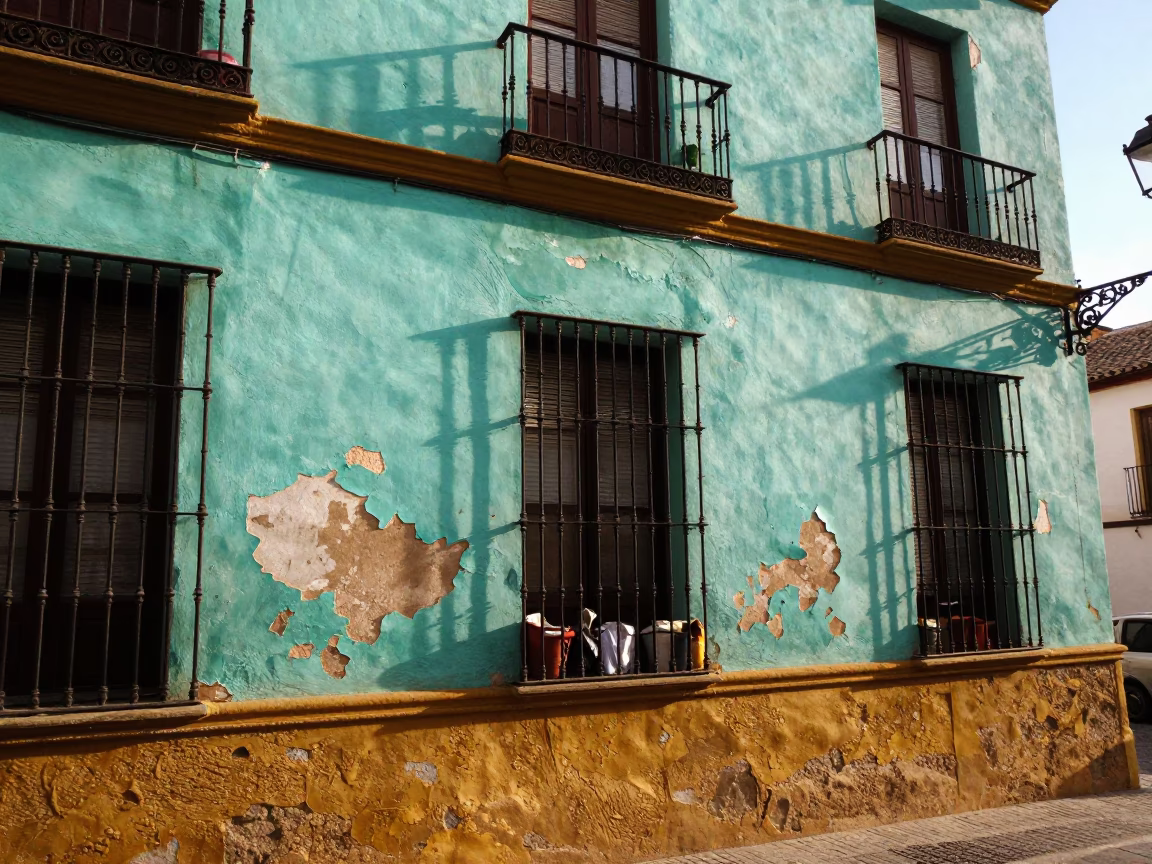 Granada Spain Early Afternoon Street Scene with Peeling Turquoise Paint and Canister Set in in Granada, Spain