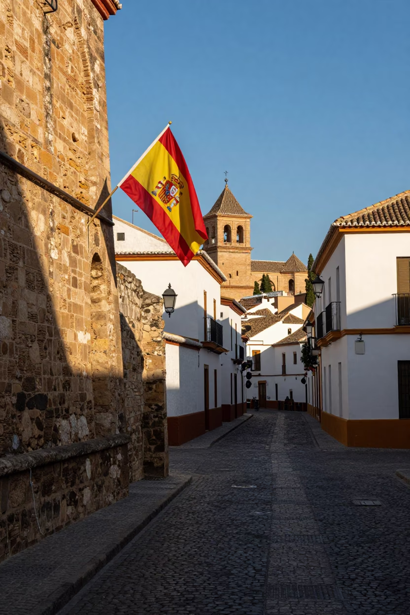 Granada Spain Early Afternoon Street Scene with Spanish Flag and Historic Architecture in in Granada, Spain