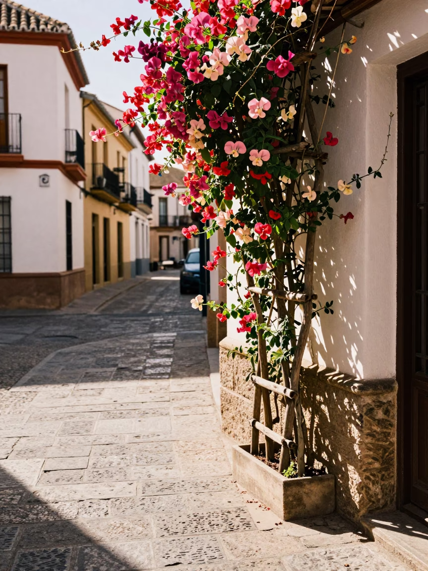 Granada Spain Early Afternoon Street Scene with Sweet Peas and Local Life in in Granada, Spain
