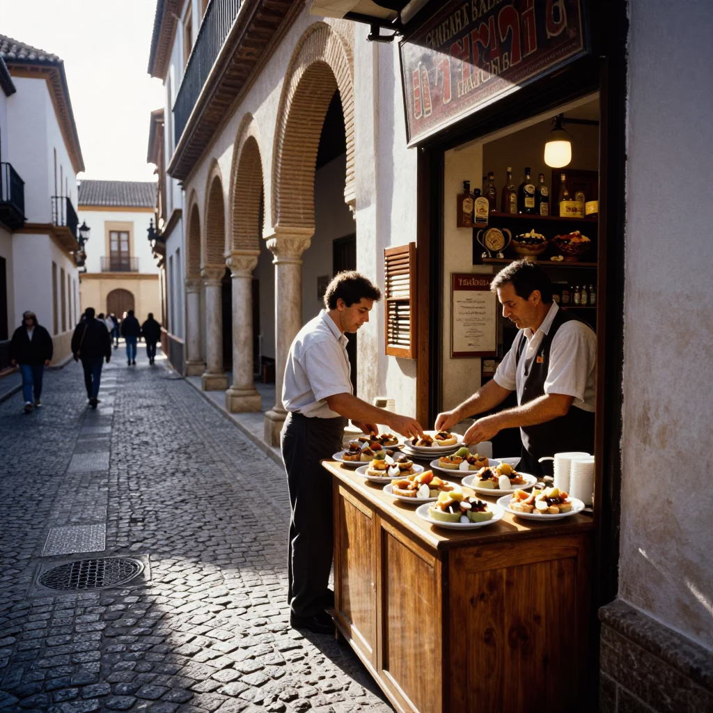 Granada Spain Early Afternoon Street Scene with Traditional Tapas and Local Life in in Granada, Spain
