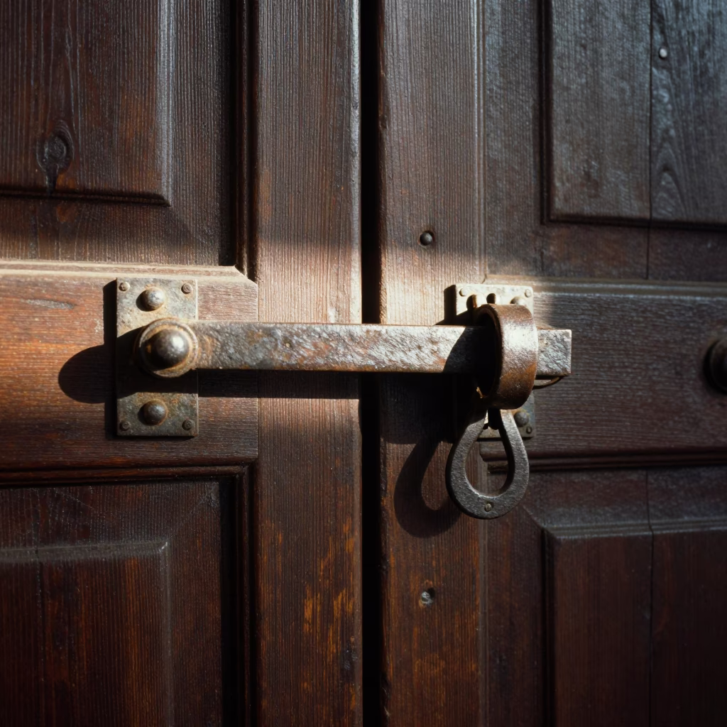 Granada Spain Early Afternoon Sunlight Casts Stripe On Historic Iron Latch Of Alhambra Gate in in Granada, Spain