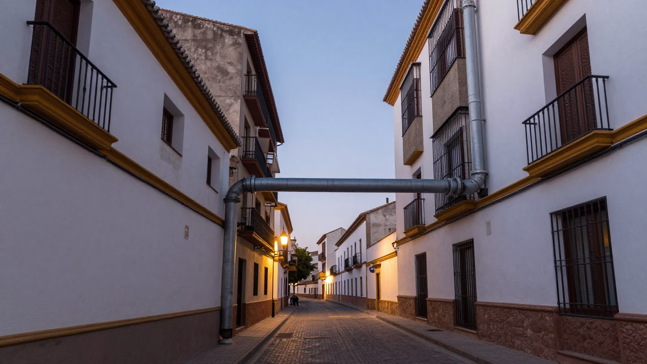 Granada Spain Early Evening Street Scene with District Heating Pipes and Traditional Architecture in in Granada, Spain