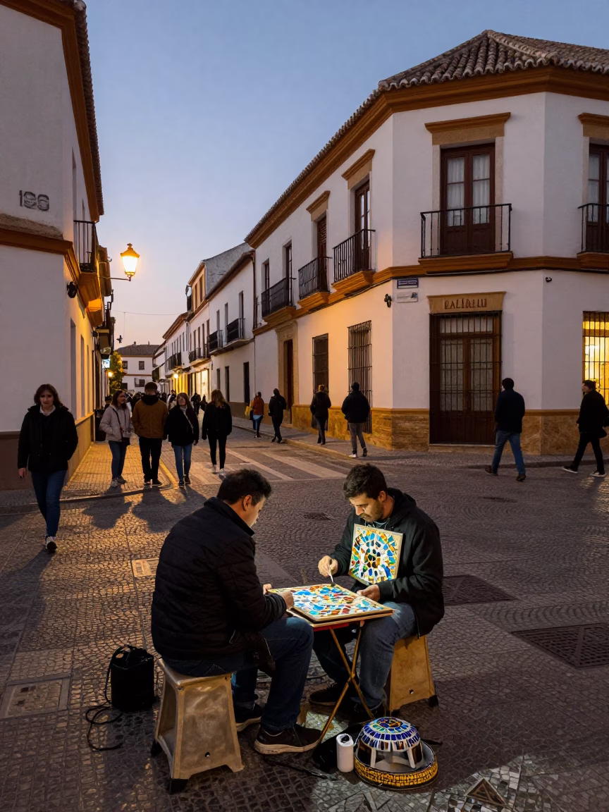 Granada Spain Early Evening Street Scene with Mosaic Artisan Setting Tessera into Plaster in in Granada, Spain
