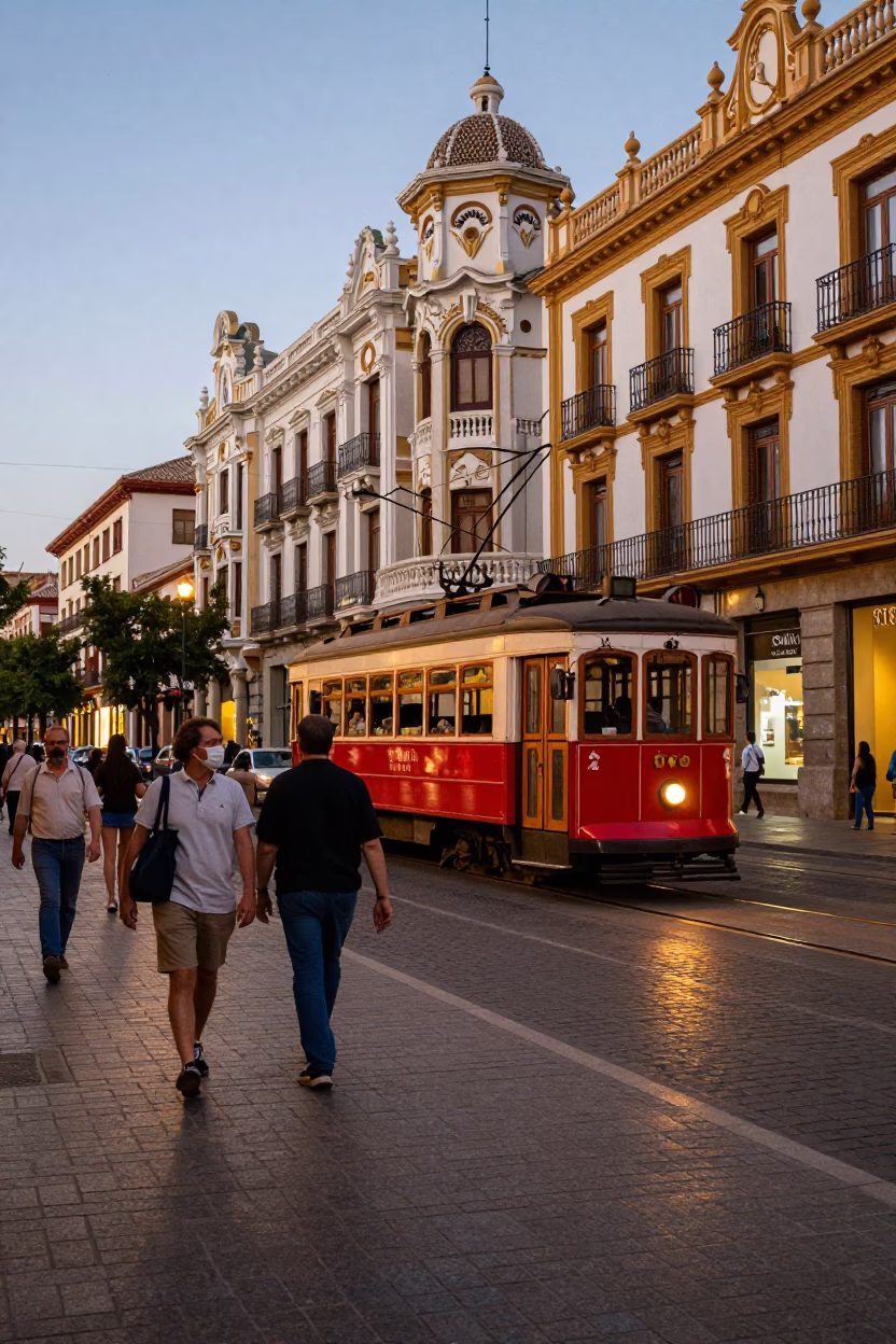 Granada Spain Early Evening Street Scene with Tram and Art Nouveau Architecture in in Granada, Spain