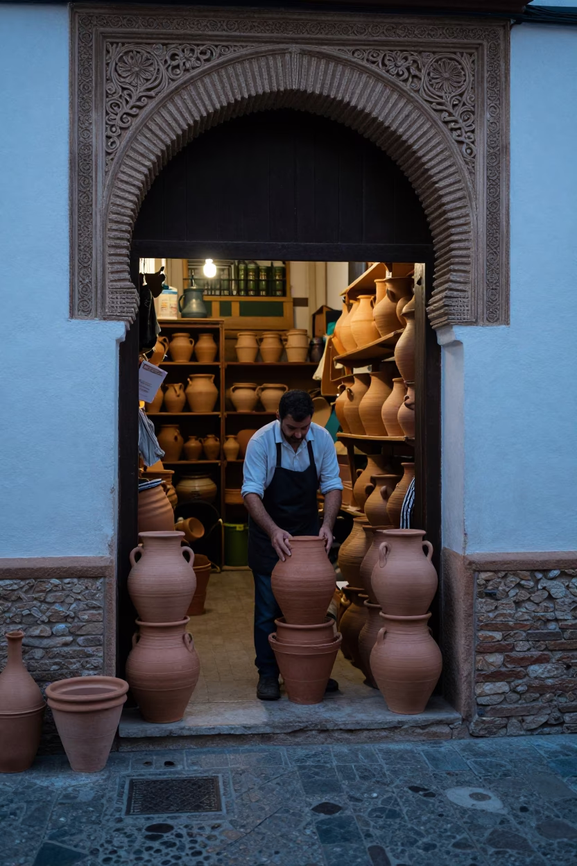 Granada Spain Early Morning Shopkeeper Arranging Clay Pots in in Granada, Spain