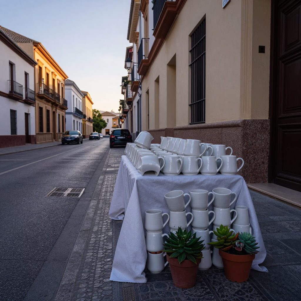 Granada Spain Early Morning Street Scene with Ceramic Mugs and Potted Succulents in in Granada, Spain