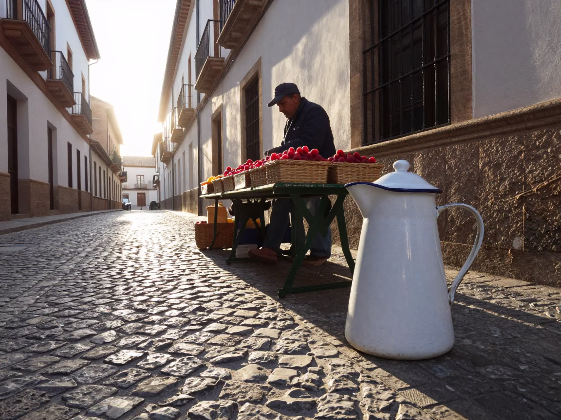 Granada Spain Early Morning Street Scene with Vintage Enamel Pitcher and Local Commerce in in Granada, Spain