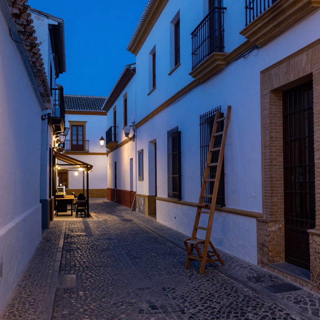 Granada Spain Evening Blue Hour Street Scene with Ladder Back Chair in in Granada, Spain