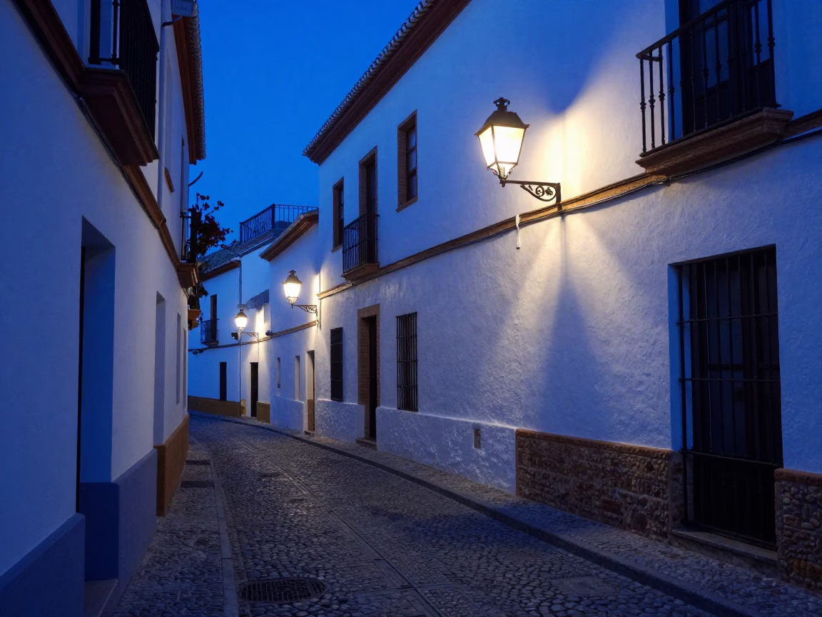 Granada Spain Evening Blue Hour Street Scene with Traditional Lanterns and Local Life in in Granada, Spain