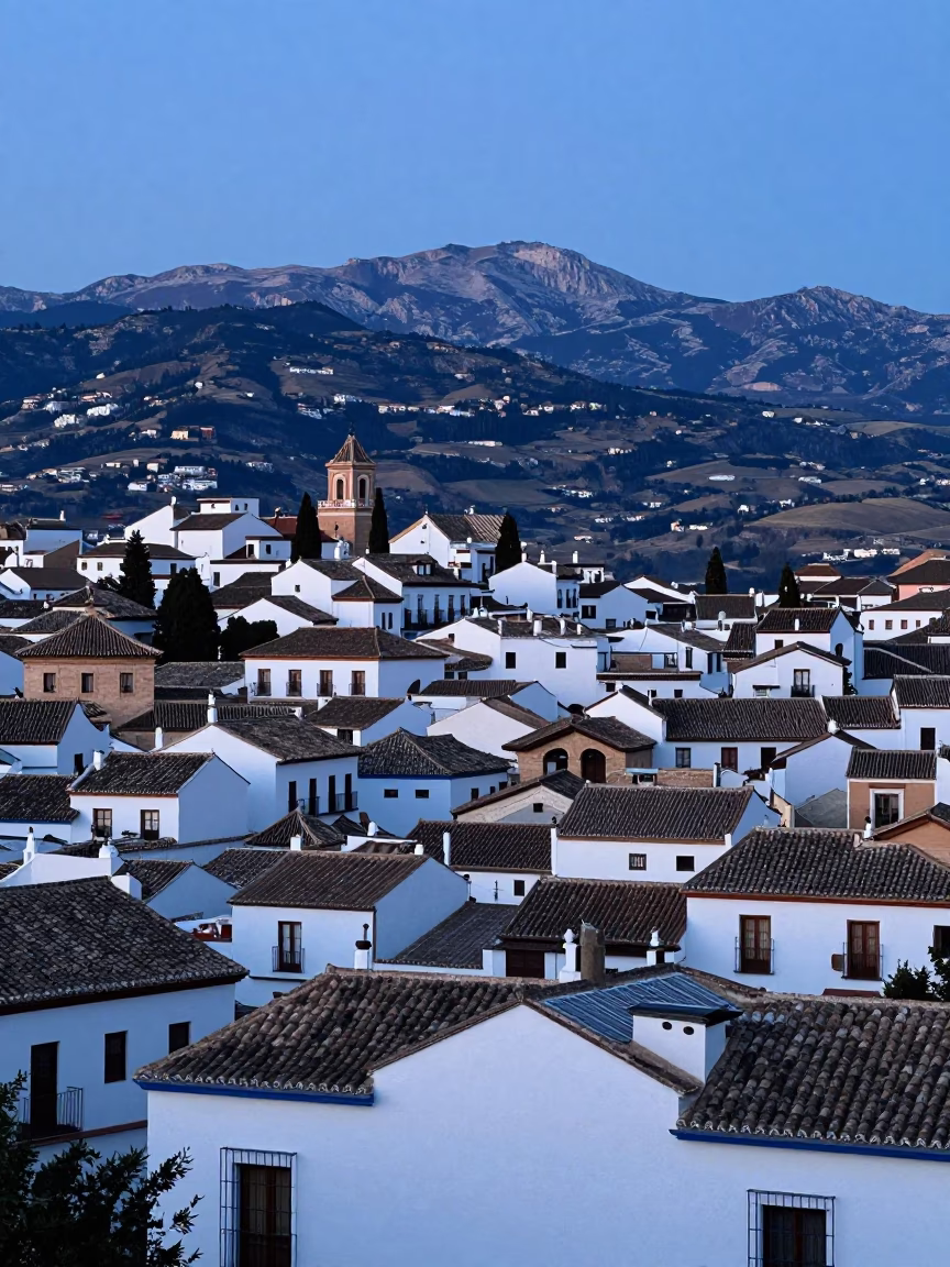 Granada Spain Evening Landscape with White Washed Walls and Sierra Nevada Horizon in in Granada, Spain