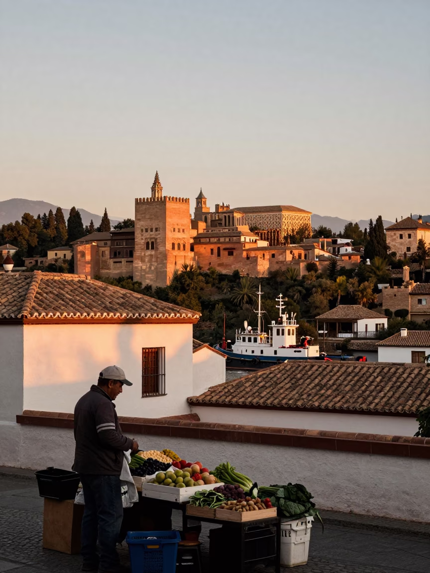 Granada Spain Evening Light Alhambra View Street Scene with Tugboat Harbor Memory in in Granada, Spain
