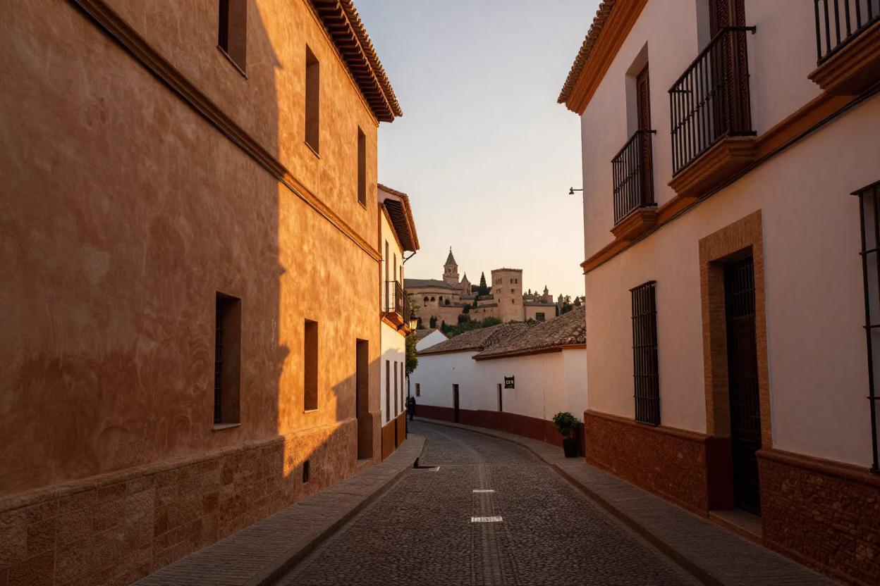 Granada Spain Evening Light Historic Street Scene with Local Life in in Granada, Spain