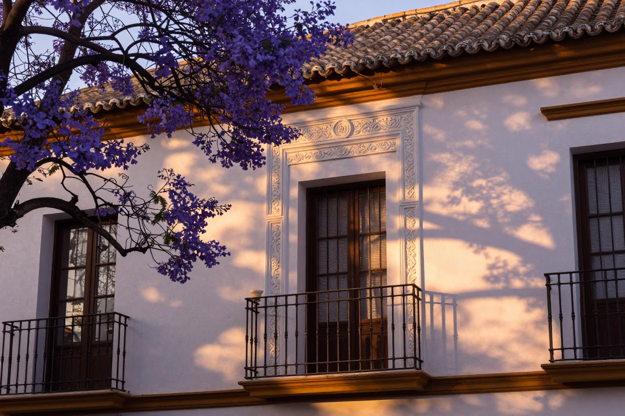 Granada Spain Evening Light Purple Jacaranda Tree and Ceramic Cup on Balcony in in Granada, Spain