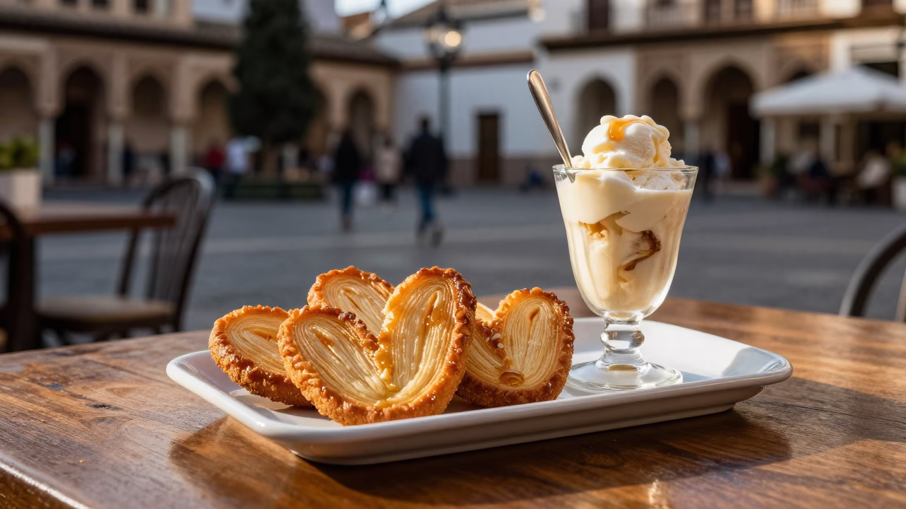 Granada Spain Evening Light Tray of Golden Palmiers and Affogato on Outdoor Cafe Table in in Granada, Spain