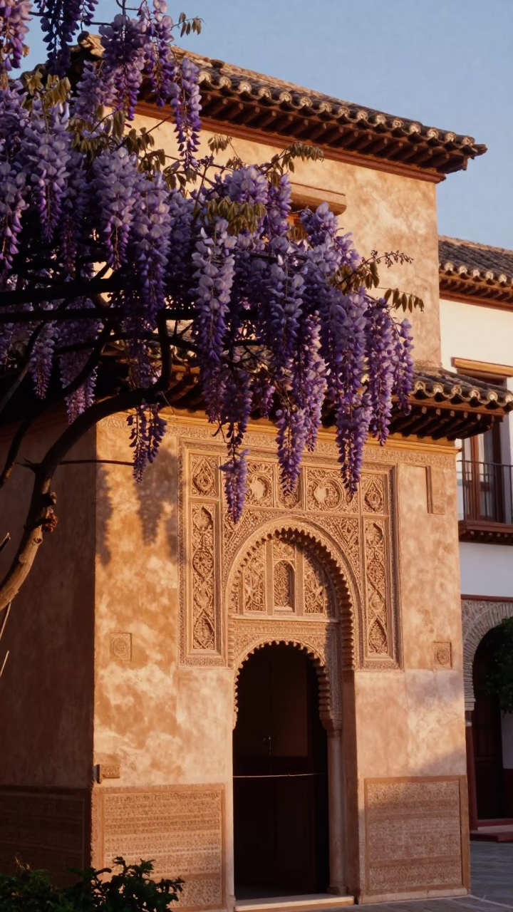 Granada Spain Evening Light Wisteria Pergola and Traditional Architecture in in Granada, Spain