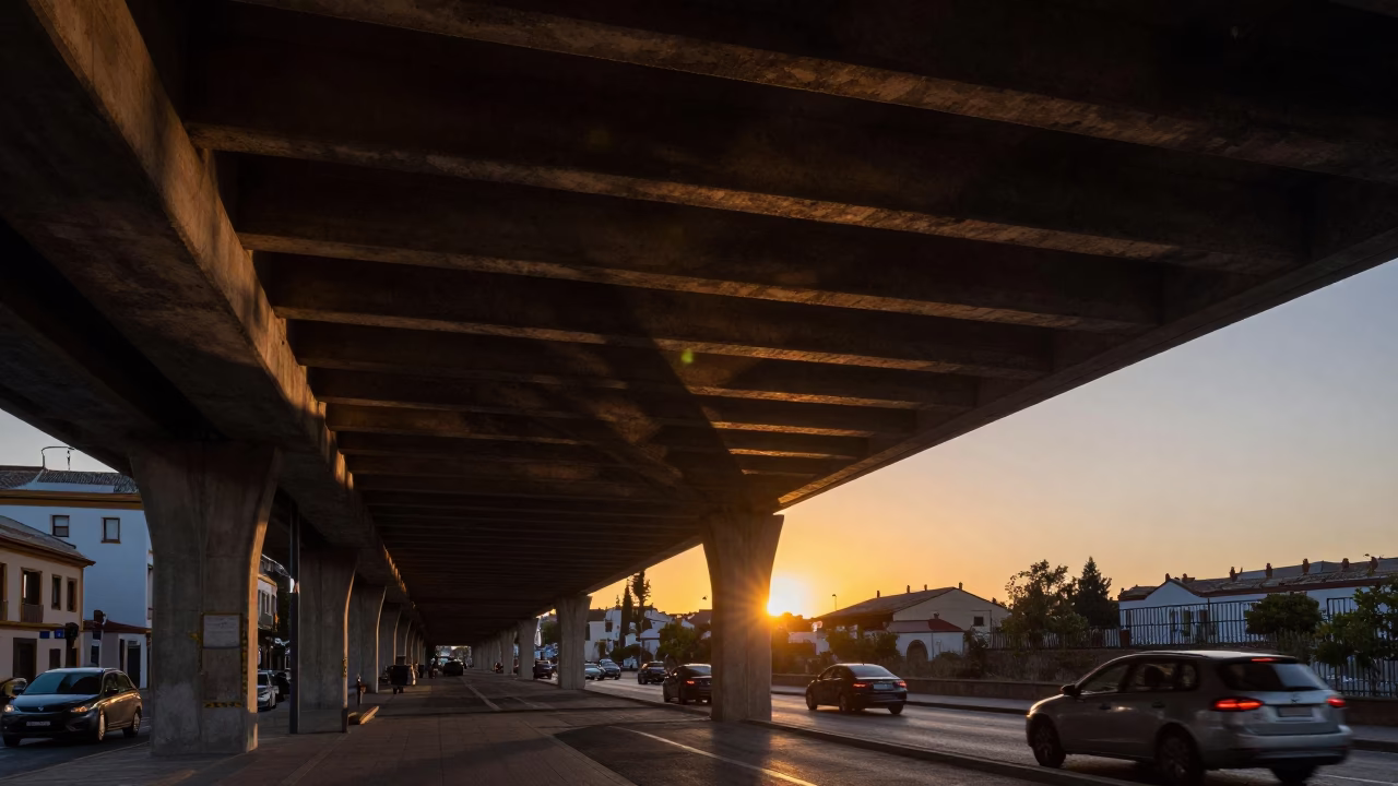 Granada Spain Evening Street Scene Under Concrete Flyover with Striped Shadows in in Granada, Spain