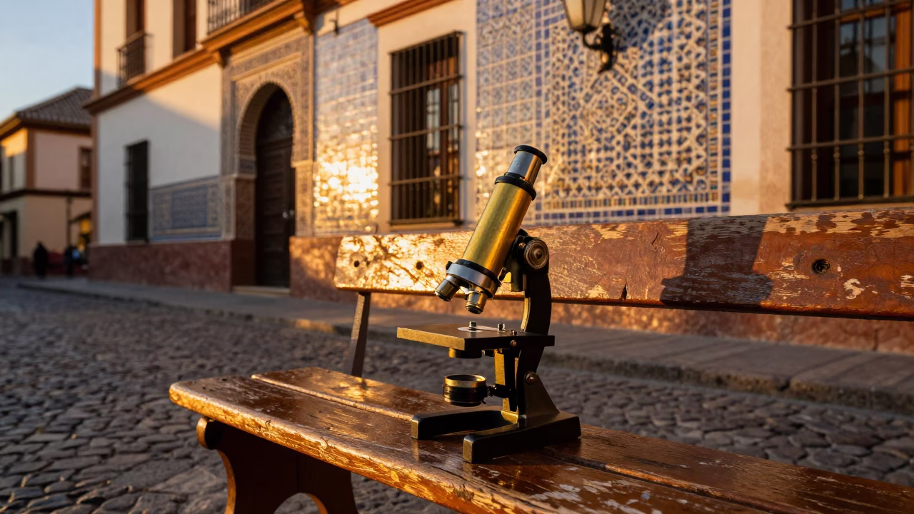 Granada Spain Evening Street Scene with Antique Microscope and Cedar of Lebanon in in Granada, Spain