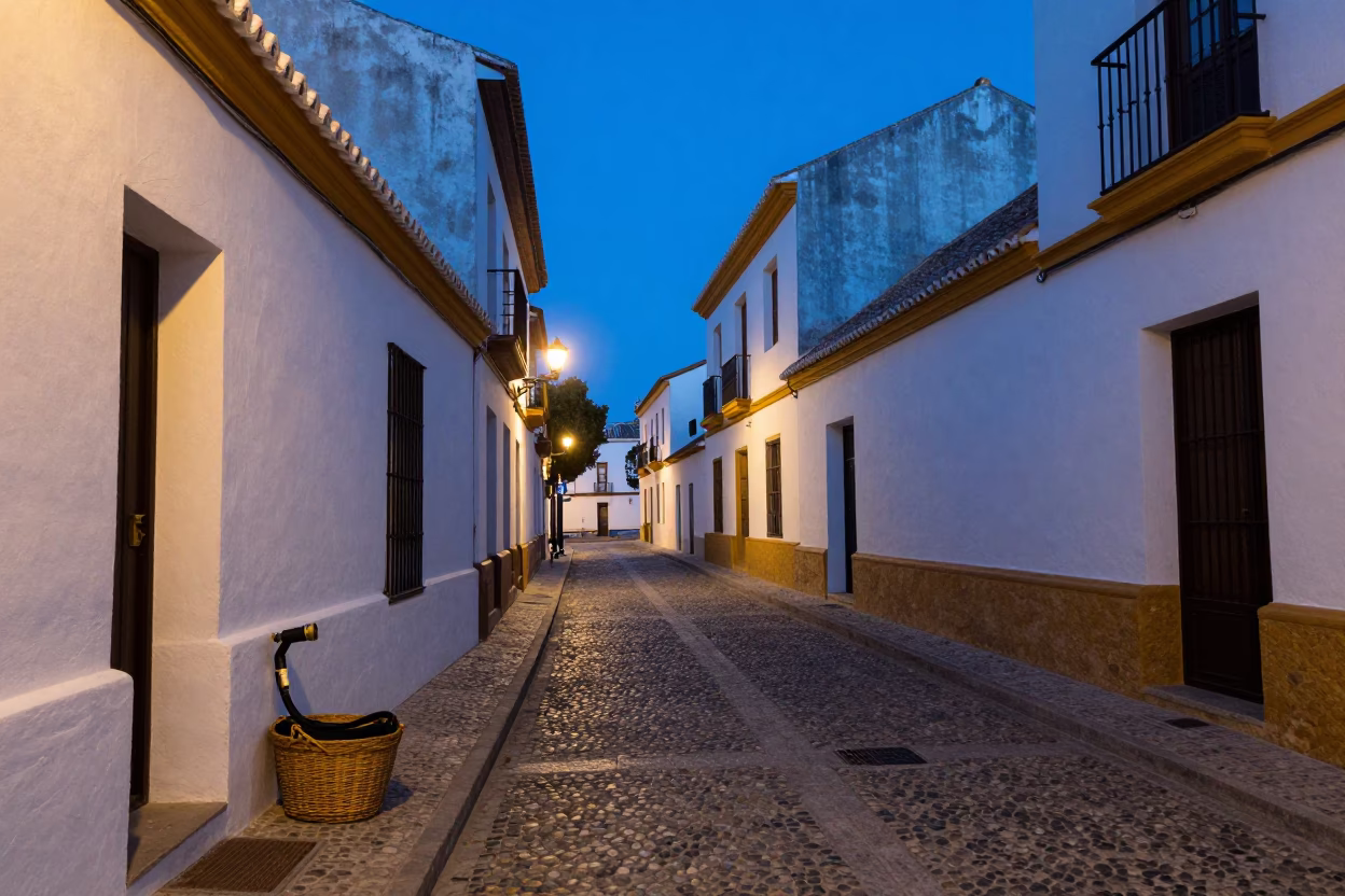 Granada Spain Evening Street Scene with Basket and Hose Nozzle in Last Blue Light in in Granada, Spain