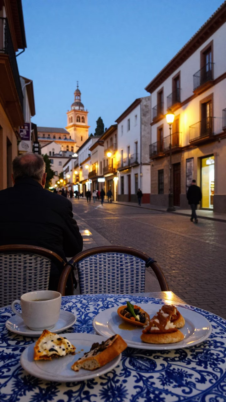 Granada Spain Evening Street Scene with Blue White Porcelain and City Lights in in Granada, Spain