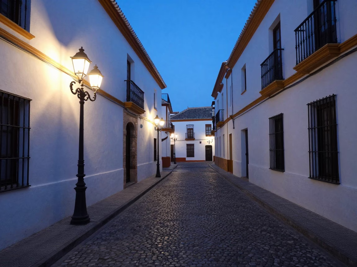 Granada Spain evening street scene with candelabra and lantern light in in Granada, Spain