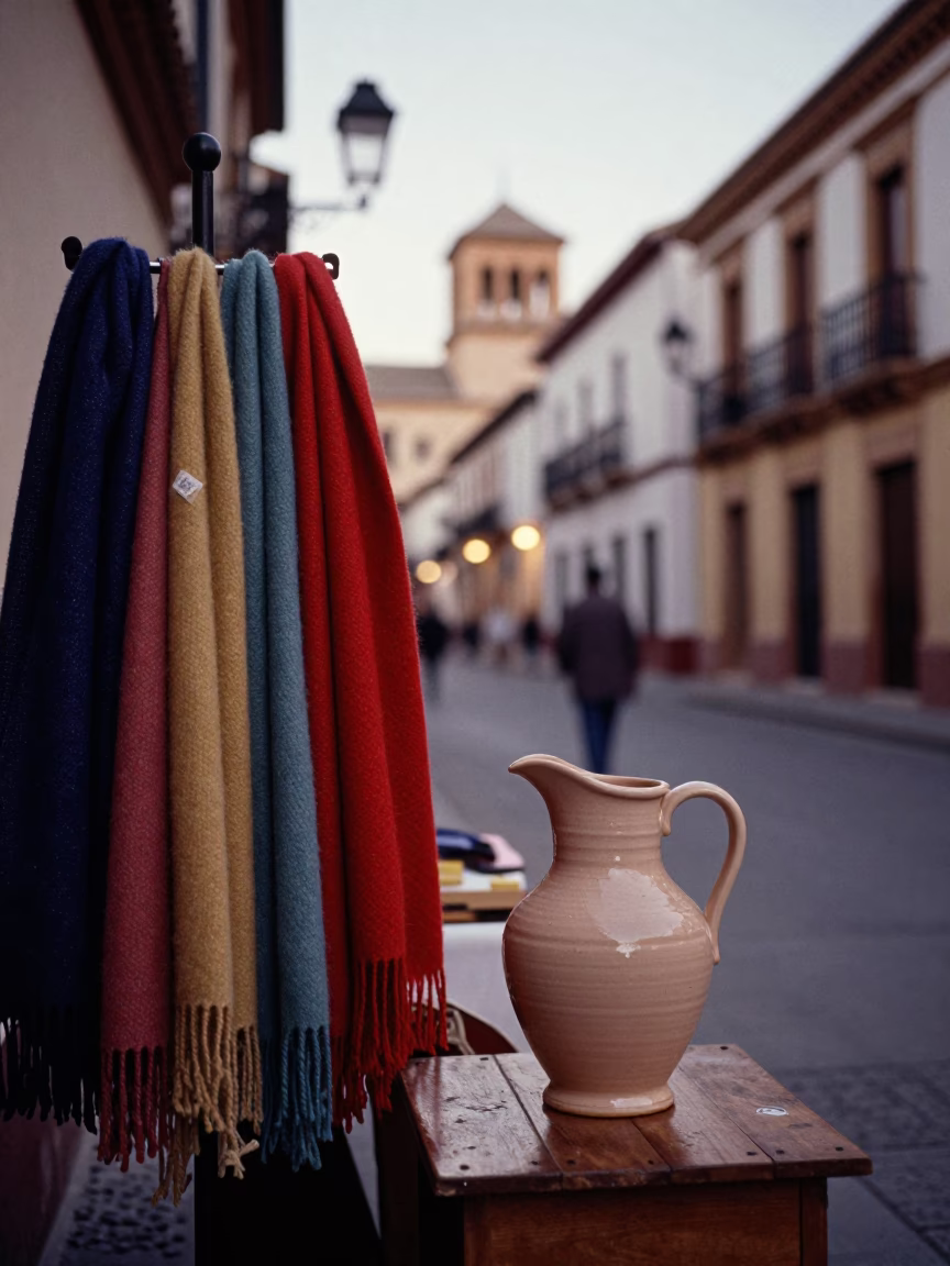 Granada Spain Evening Street Scene with Ceramic Pitcher and Wool Scarves in in Granada, Spain