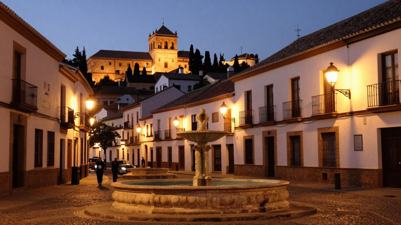 Granada Spain Evening Street Scene with Clavijo Fountain and Local Dining in in Granada, Spain