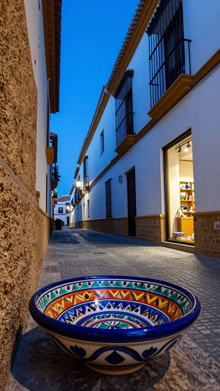 Granada Spain Evening Street Scene with Colorful Pottery Bowl and Shelf Bracket in in Granada, Spain