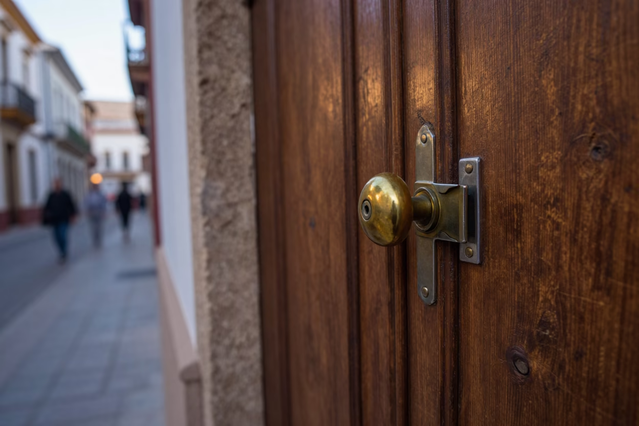 Granada Spain Evening Street Scene with Doorknob and Latch Details in in Granada, Spain