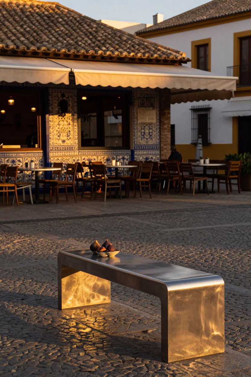 Granada Spain Evening Street Scene with Figs and Brushed Steel Bench in in Granada, Spain
