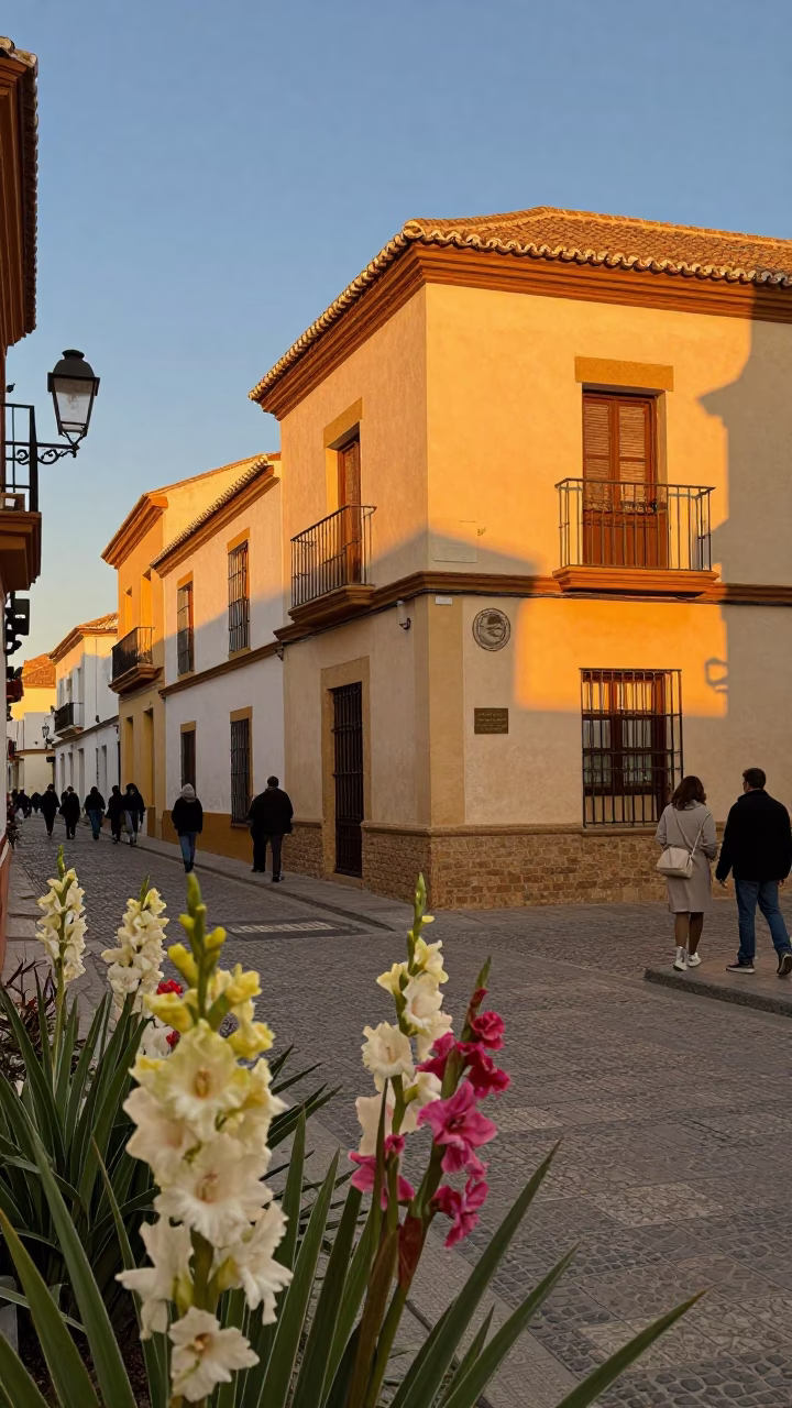 Granada Spain Evening Street Scene with Gladiolus and Local Life in Honeyed Light in in Granada, Spain