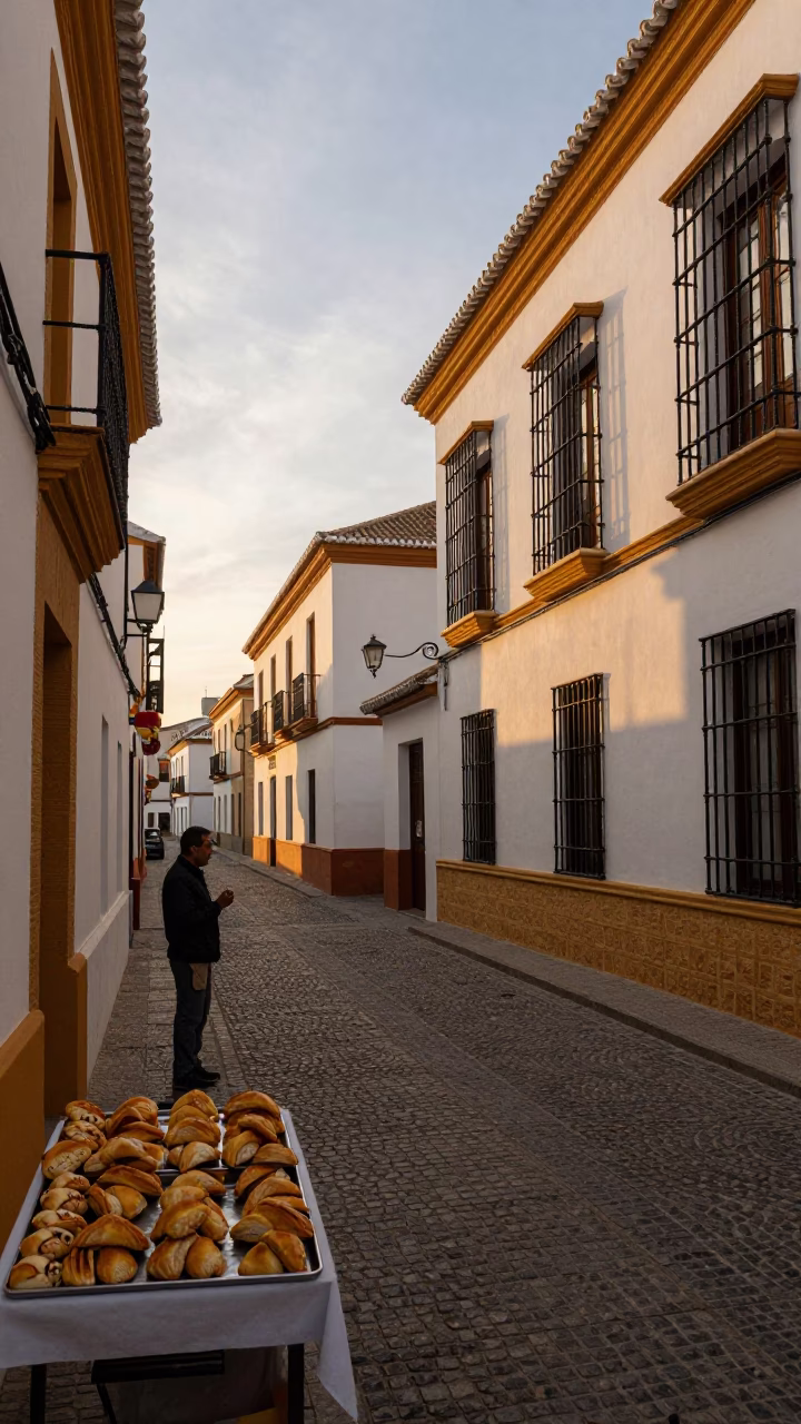 Granada Spain Evening Street Scene with Golden Pastries and Traditional Architecture in in Granada, Spain