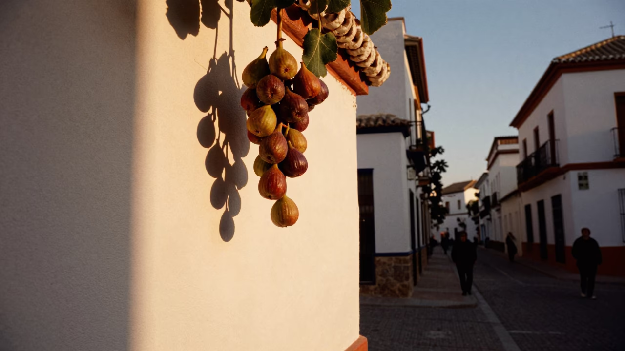 Granada Spain Evening Street Scene with Hanging Figs and Traditional Architecture in in Granada, Spain