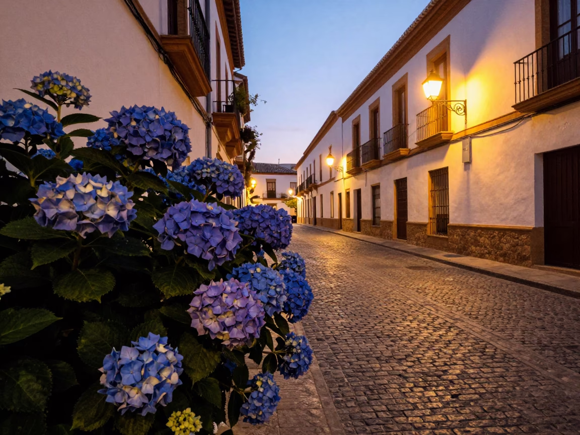 Granada Spain Evening Street Scene with Hydrangeas and Local Life in in Granada, Spain
