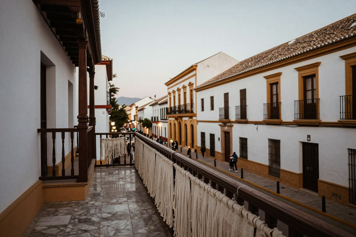 Granada Spain Evening Street Scene with Linen Fringe and Marble Details in in Granada, Spain