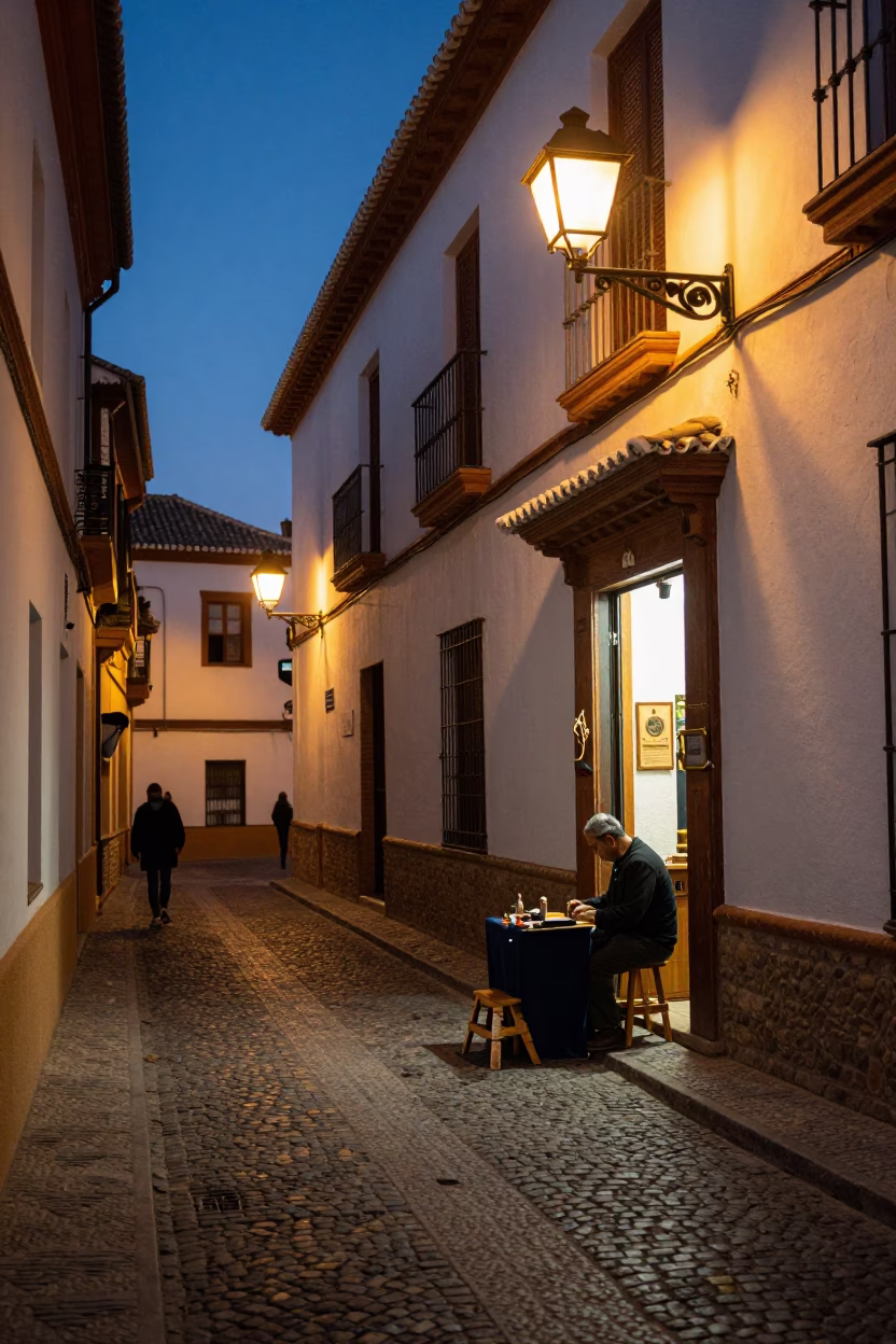 Granada Spain Evening Street Scene with Local Artisan and Traditional Elements in in Granada, Spain