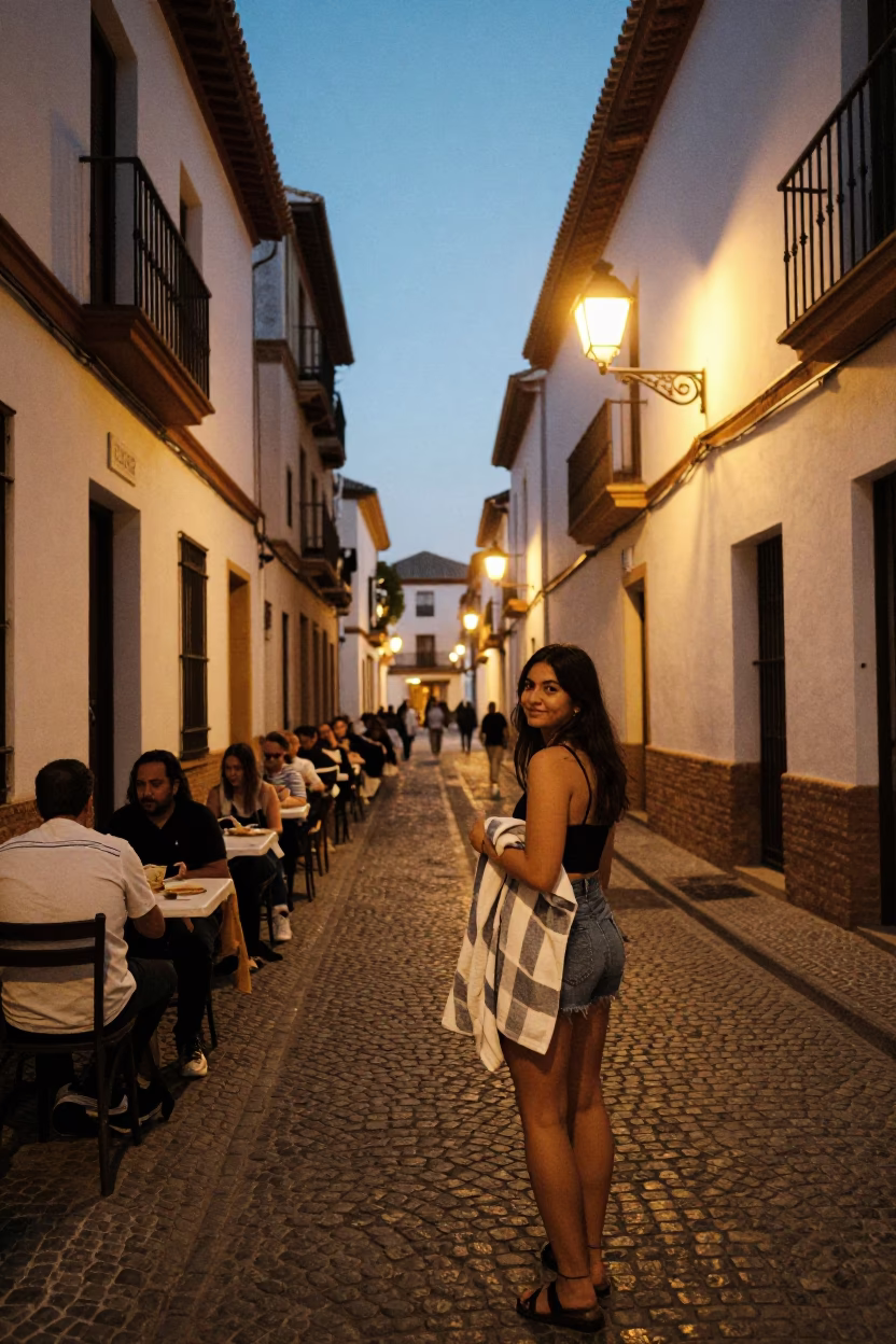 Granada Spain Evening Street Scene with Local Dining and Traditional Textiles in in Granada, Spain