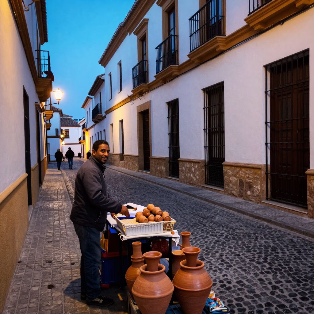 Granada Spain Evening Street Scene with Local Vendor and Terracotta Pot in in Granada, Spain