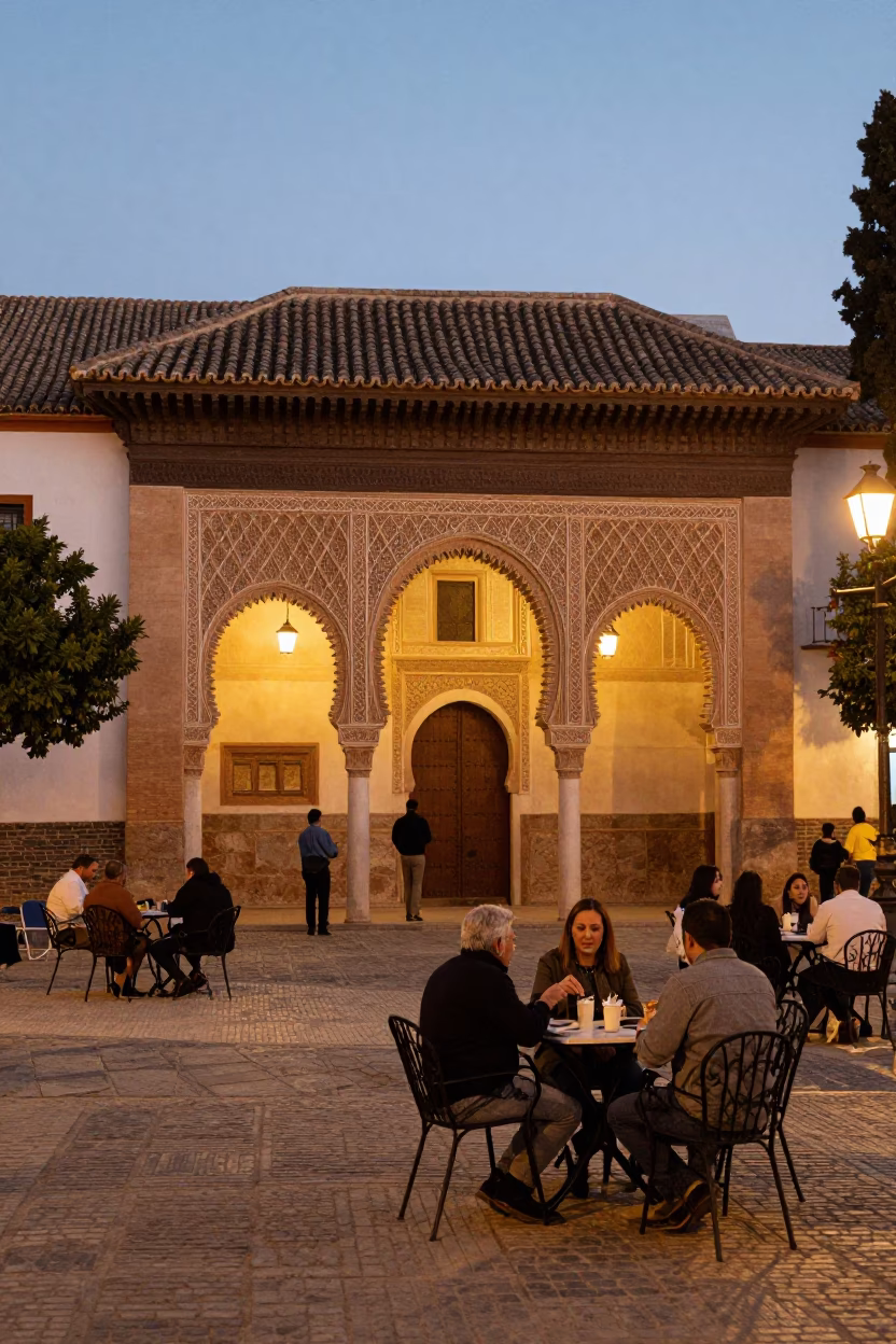 Granada Spain evening street scene with locals dining and traditional architecture in in Granada, Spain