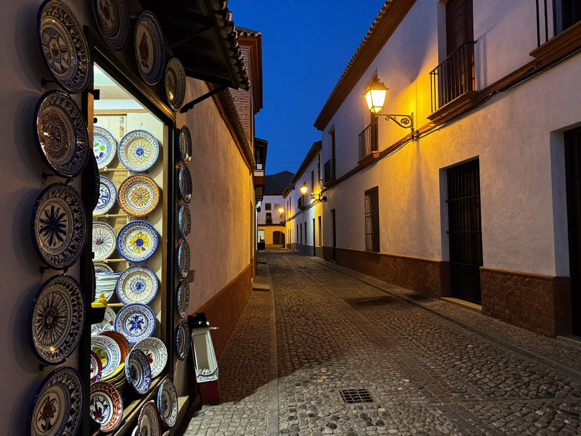 Granada Spain Evening Street Scene with Majolica Plates and Enamel Pitcher in in Granada, Spain