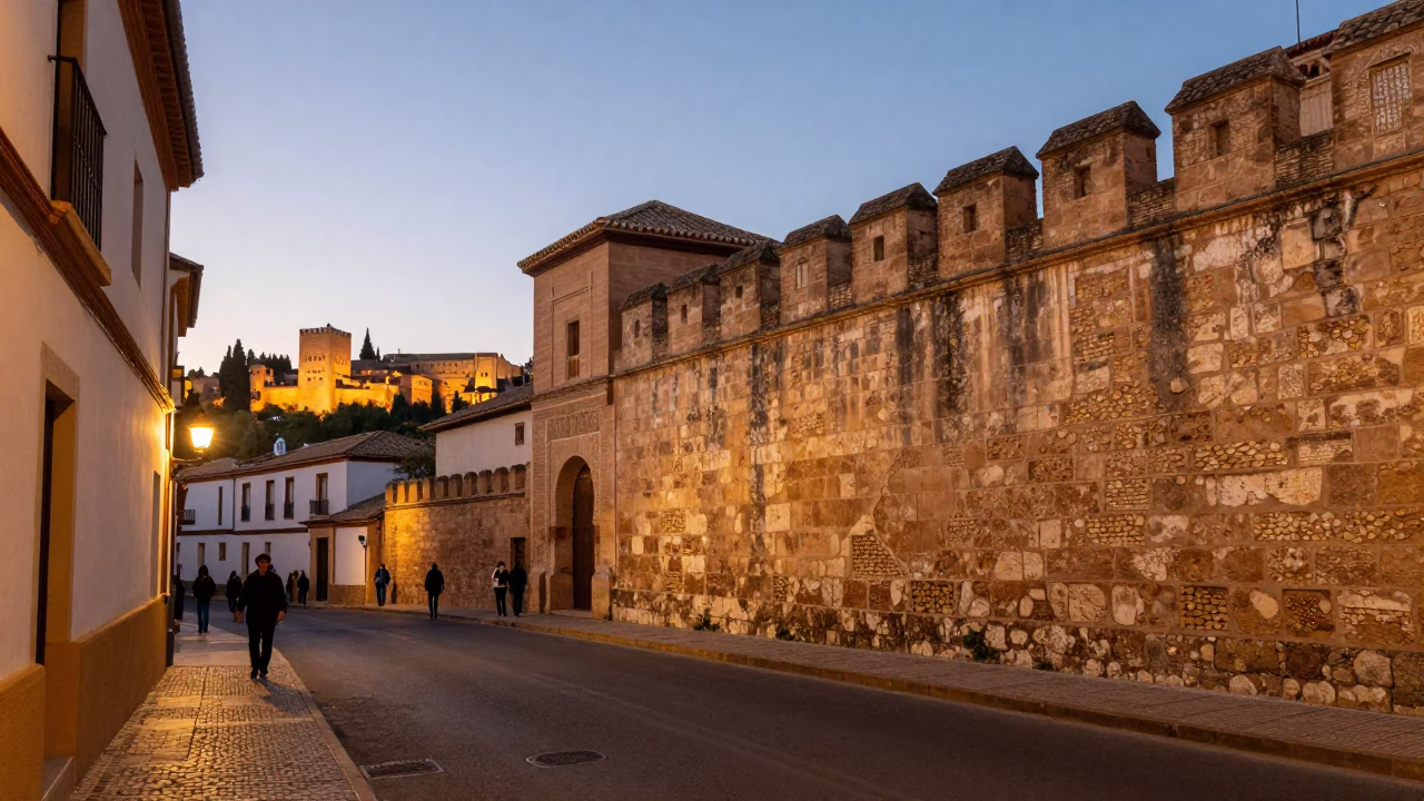 Granada Spain Evening Street Scene with Mossy Stone Walls and Local Life in in Granada, Spain