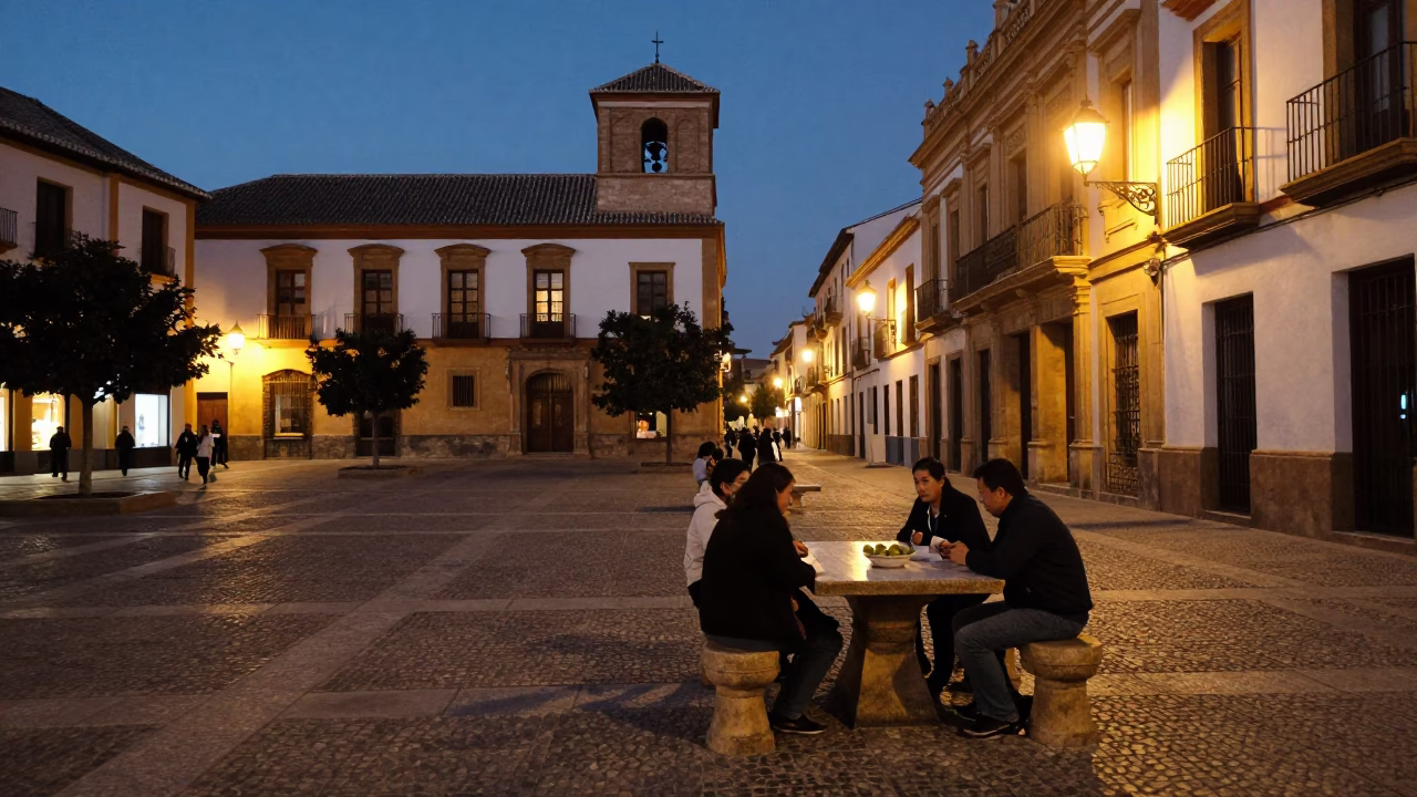 Granada Spain Evening Street Scene with Olive Dish and Local Interaction in in Granada, Spain