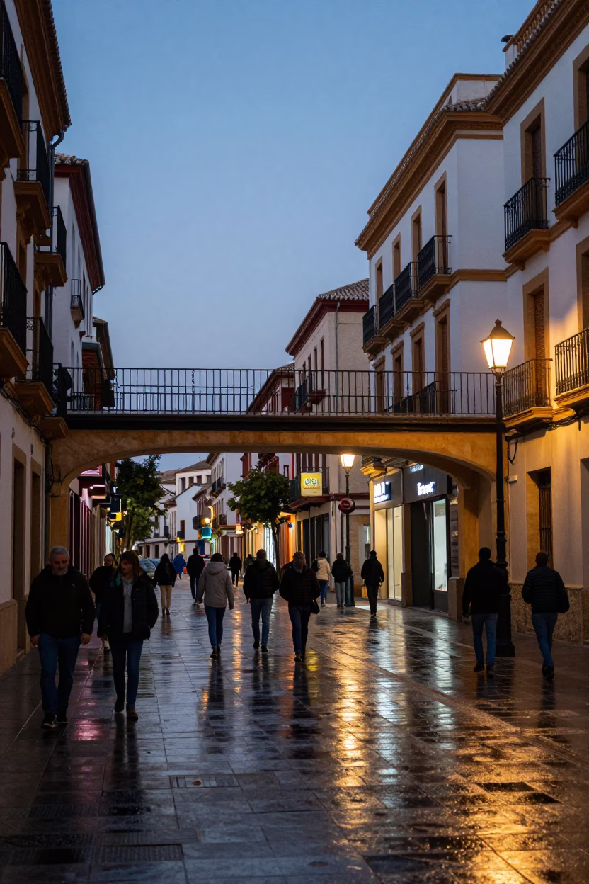 Granada Spain Evening Street Scene with Pedestrian Overpass and Urban Activity in in Granada, Spain