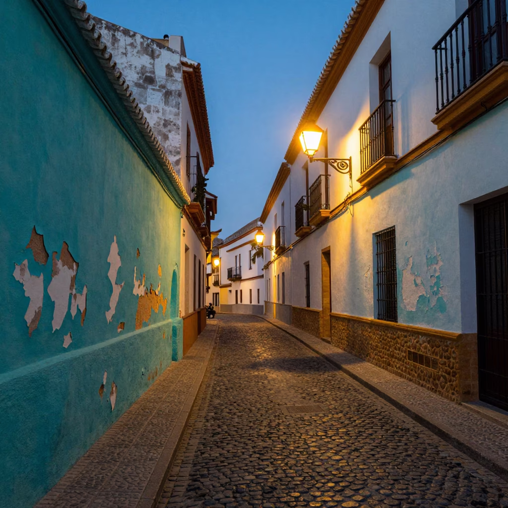 Granada Spain Evening Street Scene with Peeling Turquoise Paint and Traditional Architecture in in Granada, Spain