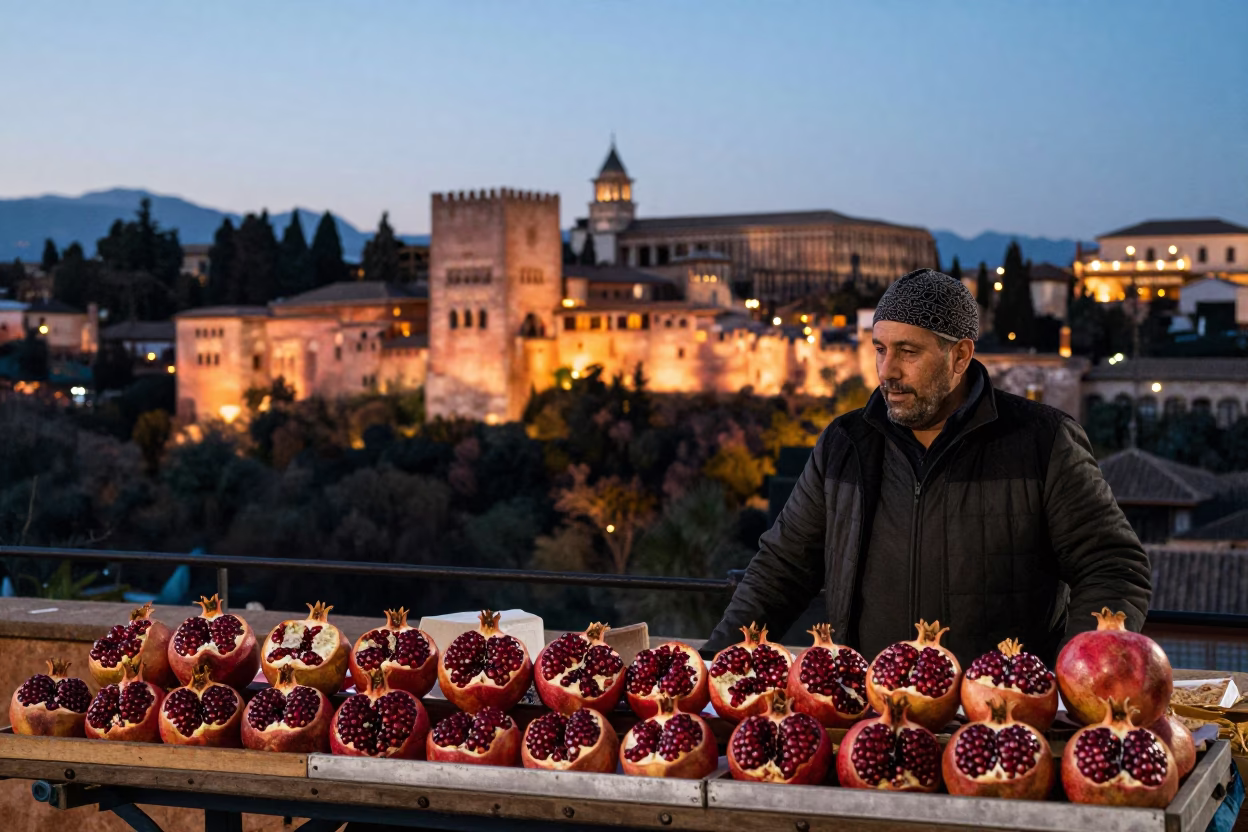 Granada Spain Evening Street Scene with Pomegranate Vendor and Traditional Architecture in in Granada, Spain